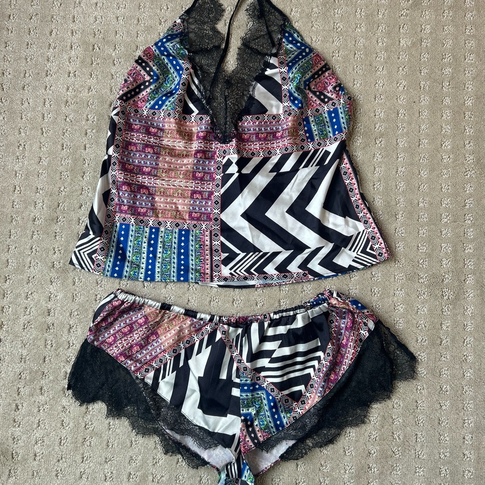 Victoria's Secret Colorful Patterned Sleepwear Set with Black Lace